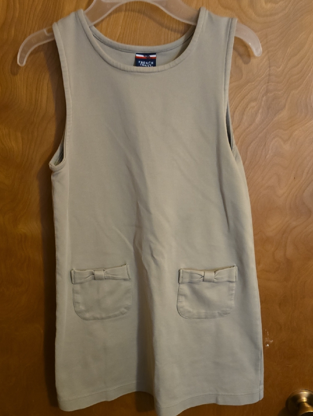 French Toast Girls Khaki Bow-Pocket Sleeveless Uniform Pinafore Dress